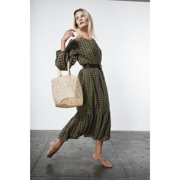 V.DE. Vinster Olive Green Boho Cottage Shiffli Eyelet Midi Dress Size Medium - Picture 1 of 10